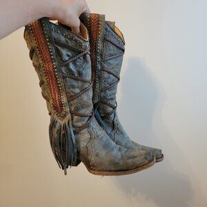Corral Boots Size 7 Green Braided Fringe Cowgirl Country Festival